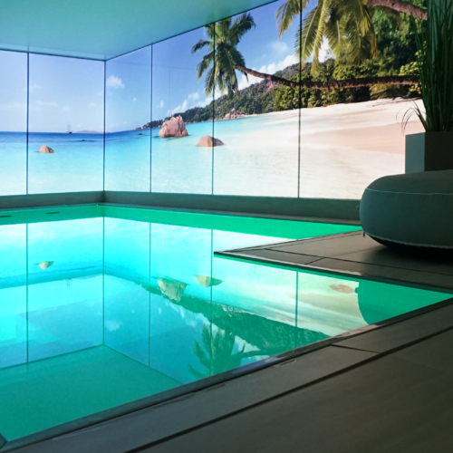 Schwimmbad Digitaldruck auf Glas hinterleuchtet Strand